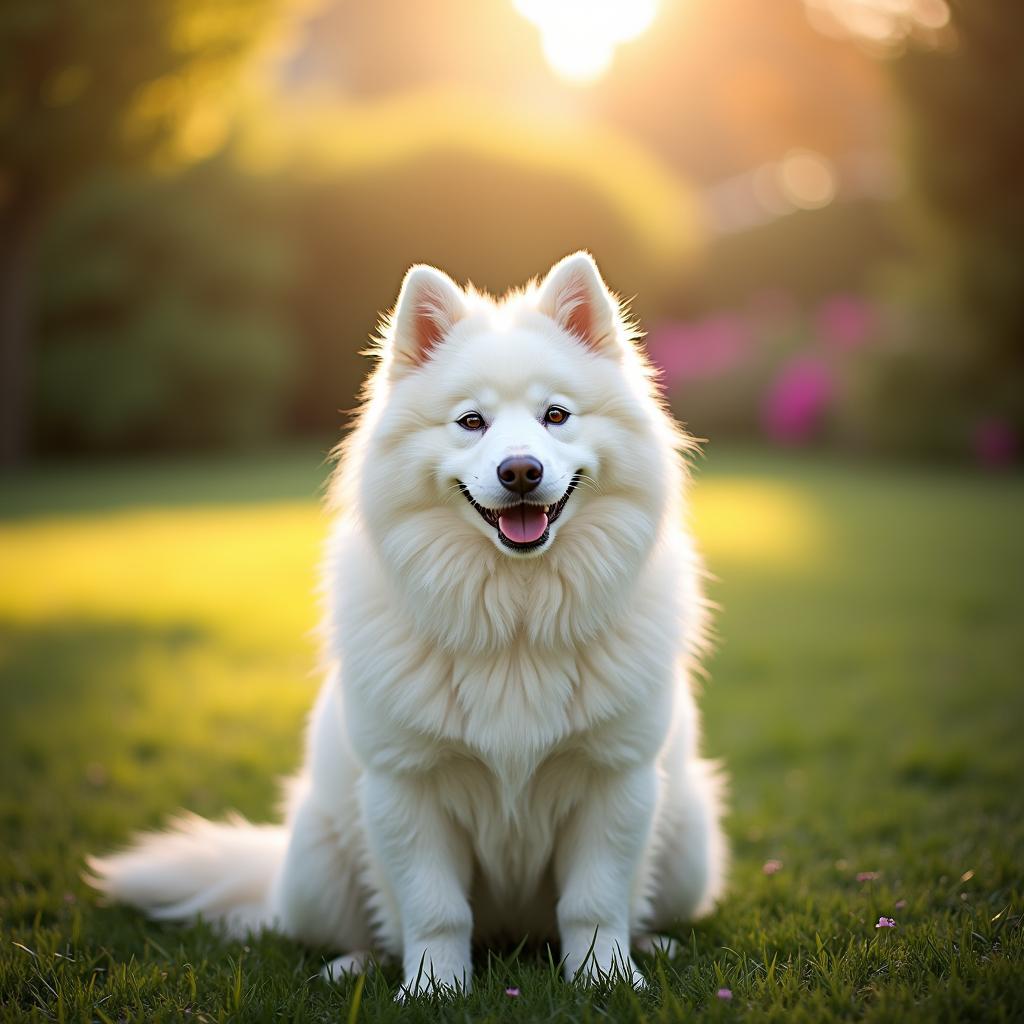 Hình ảnh một chú chó trắng Samoyed hiền lành và thân thiện đang ngồi trong một khu vườn đầy nắng, biểu tượng cho điềm lành và sự bảo vệ