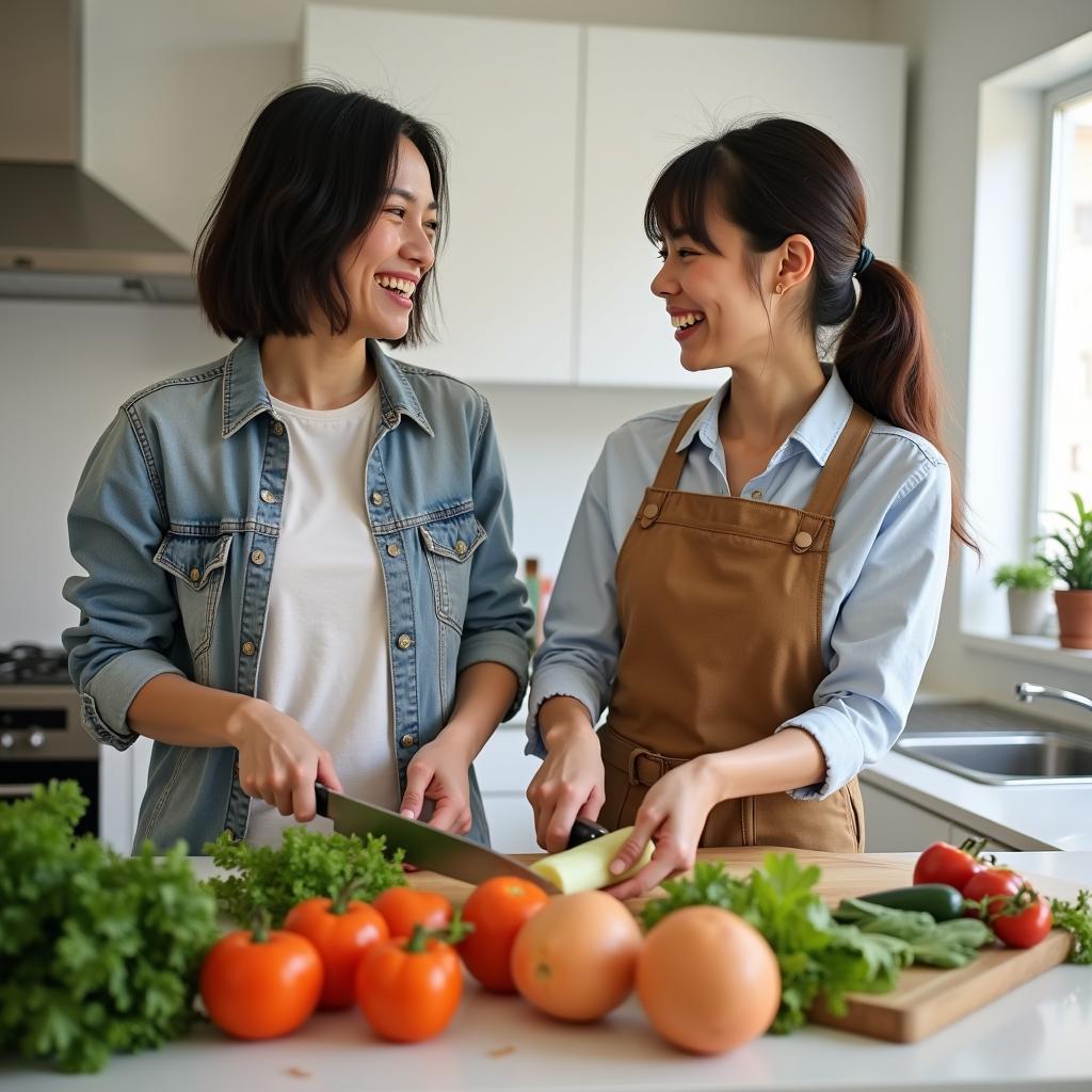 Chủ nhà người Việt Nam và khách du lịch nước ngoài đang cùng nhau vui vẻ chuẩn bị bữa ăn trong bếp, thể hiện sự giao lưu văn hóa và kết nối tình bạn qua Couchsurfing.