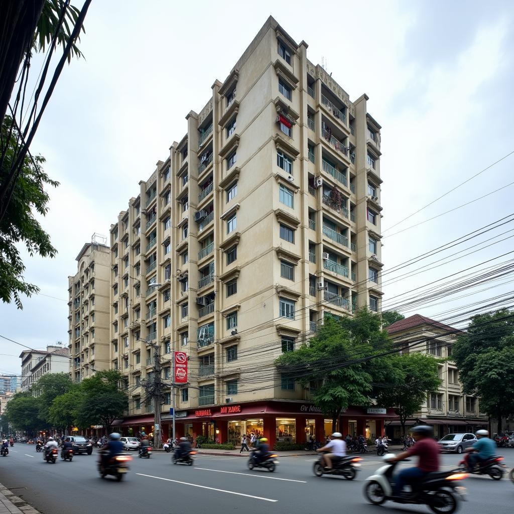 Toàn cảnh Chung cư Nàng Hương tại 583 Nguyễn Trãi, Thanh Xuân, Hà Nội nhìn từ mặt đường sầm uất.