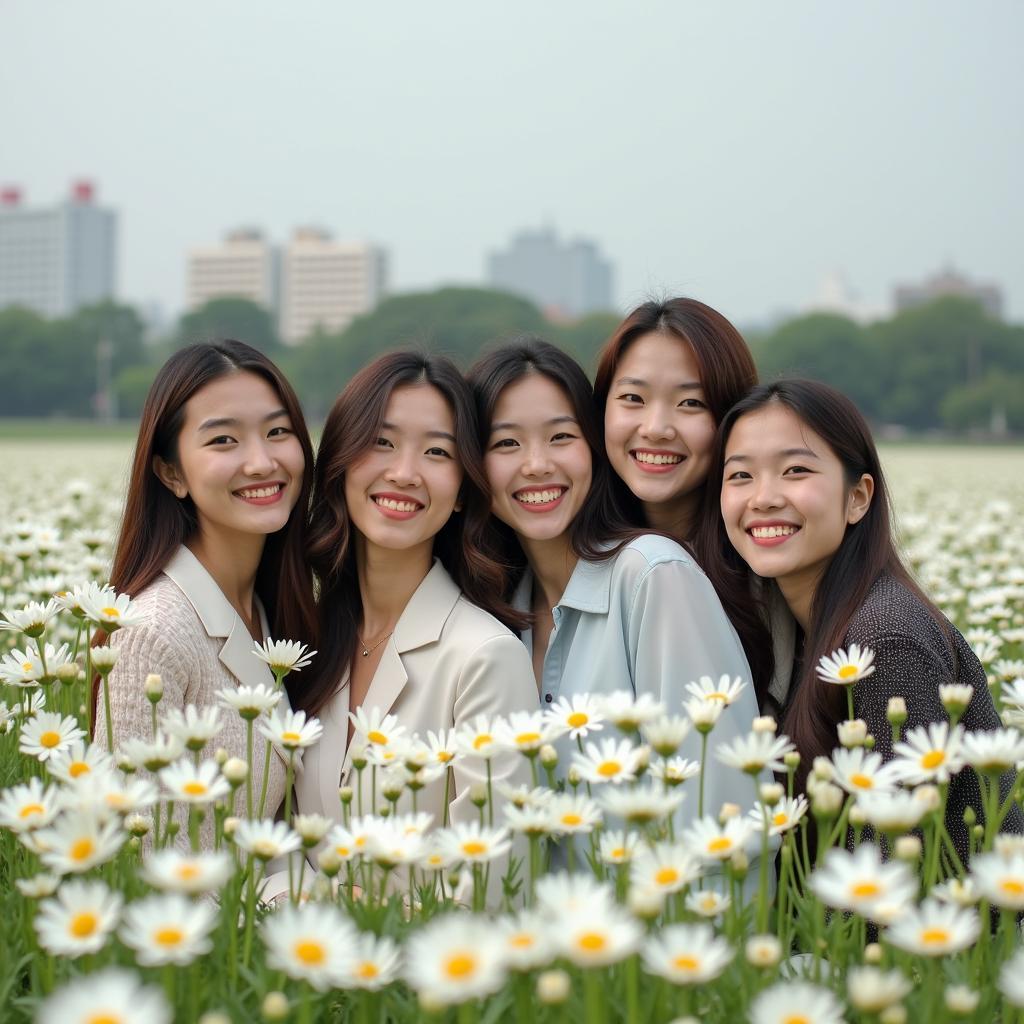 Hội bạn thân đang chụp ảnh kỷ niệm giữa một vườn cúc họa mi trắng muốt ở Hà Nội vào mùa thu, lưu giữ khoảnh khắc thanh xuân.