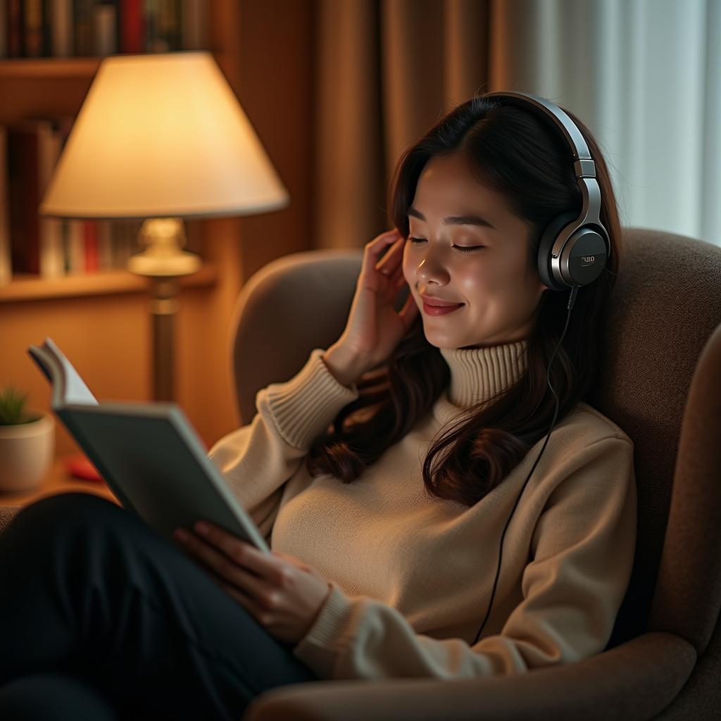 Một cô gái trẻ đang mỉm cười thư thái khi nghe audiobook quote tình bạn qua tai nghe, không gian ấm cúng