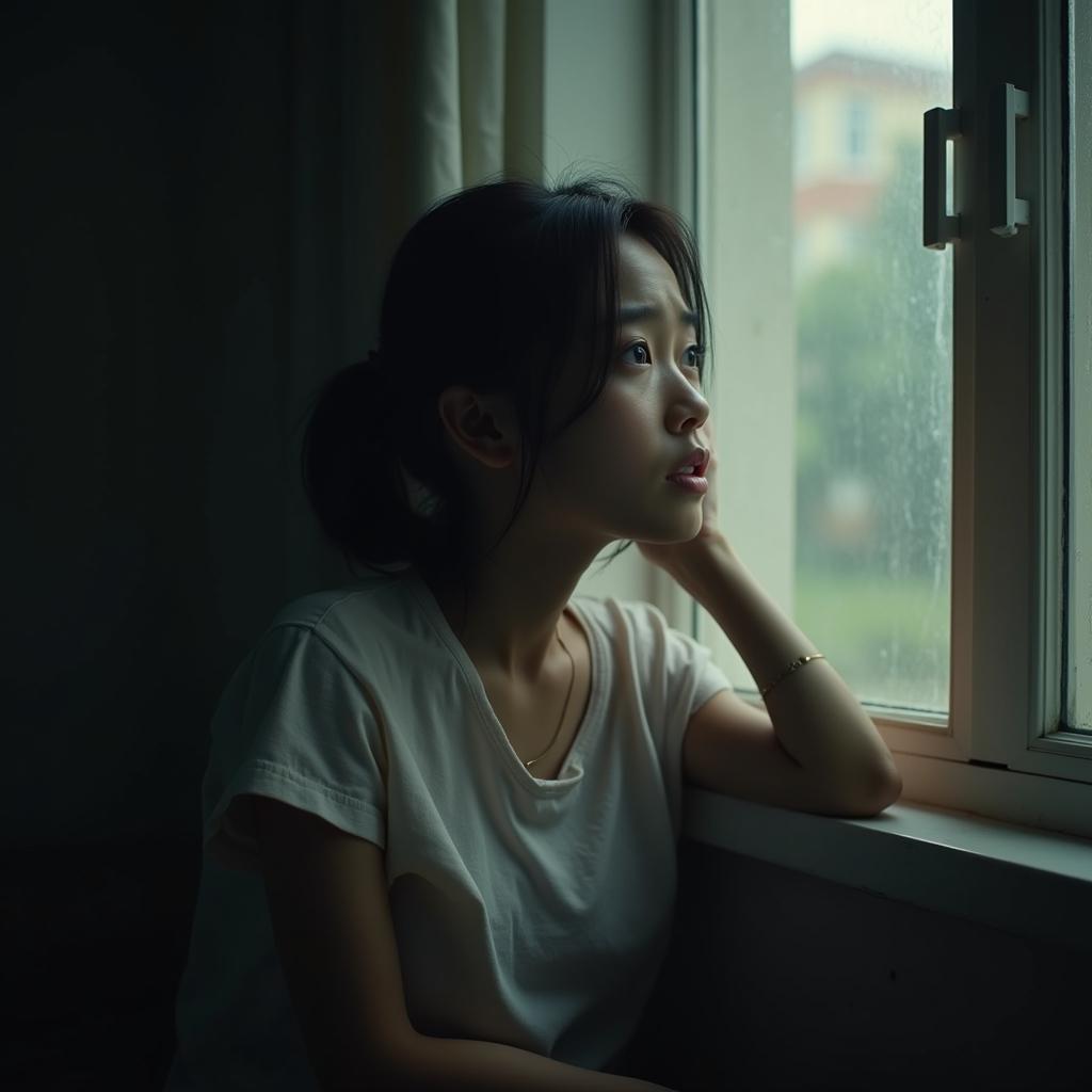 Một cô gái trẻ ngồi một mình bên cửa sổ, vẻ mặt buồn bã và trầm ngâm, suy nghĩ về việc bạn thân không giữ lời hứa và cảm giác thất vọng.