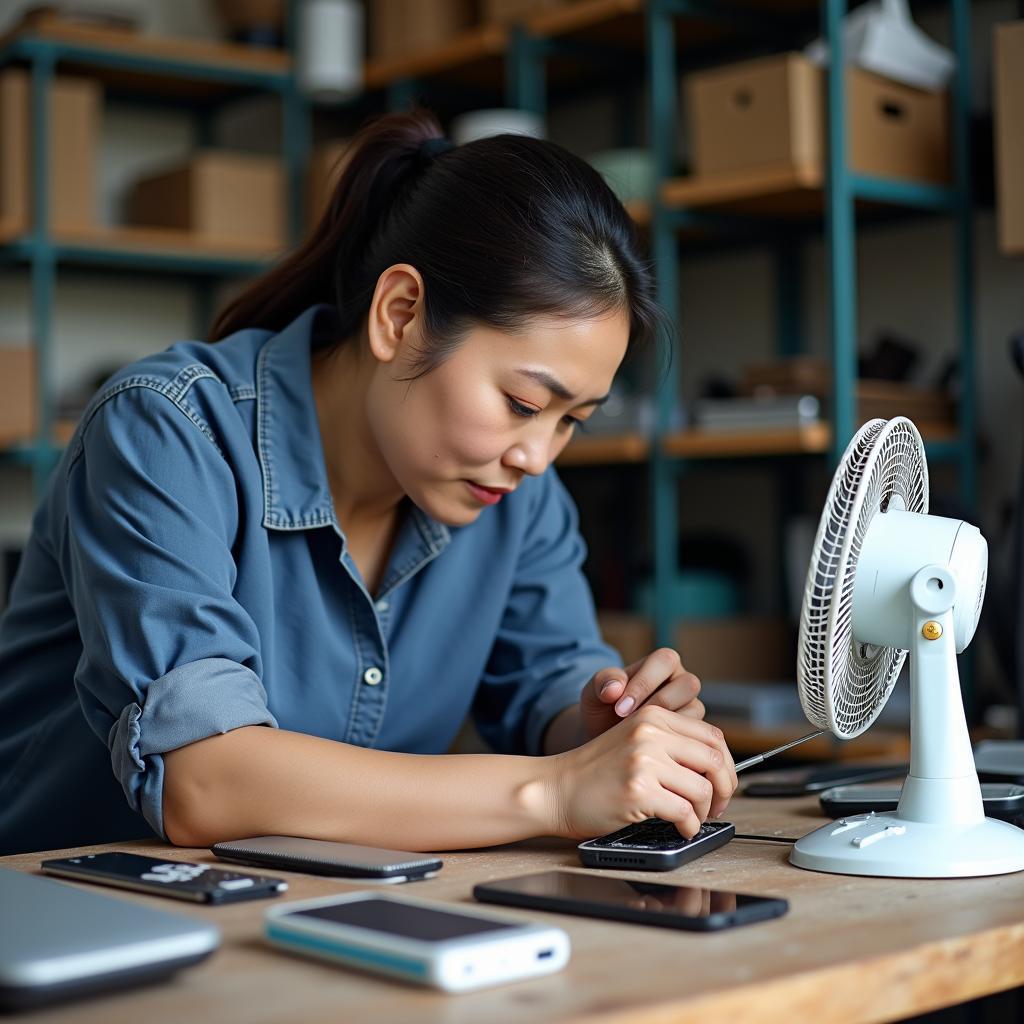 Cô Oanh đang sửa chữa điện thoại và đồ gia dụng, thể hiện tay nghề chuyên nghiệp.
