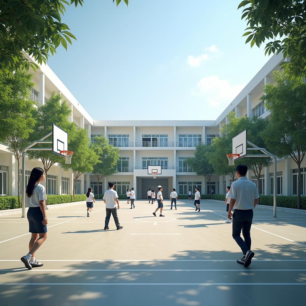Hình ảnh cơ sở vật chất khang trang hiện đại tại Trường THCS Trần Bội Cơ quận 5, bao gồm sân trường rộng và các phòng học đầy đủ tiện nghi.