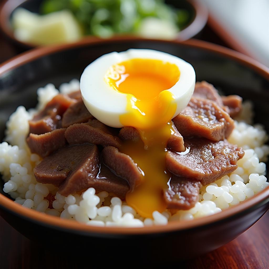 Bát cơm bò Gyudon đặc trưng của Sukiya với thịt bò thái lát, hành tây và thêm trứng onsen béo ngậy.