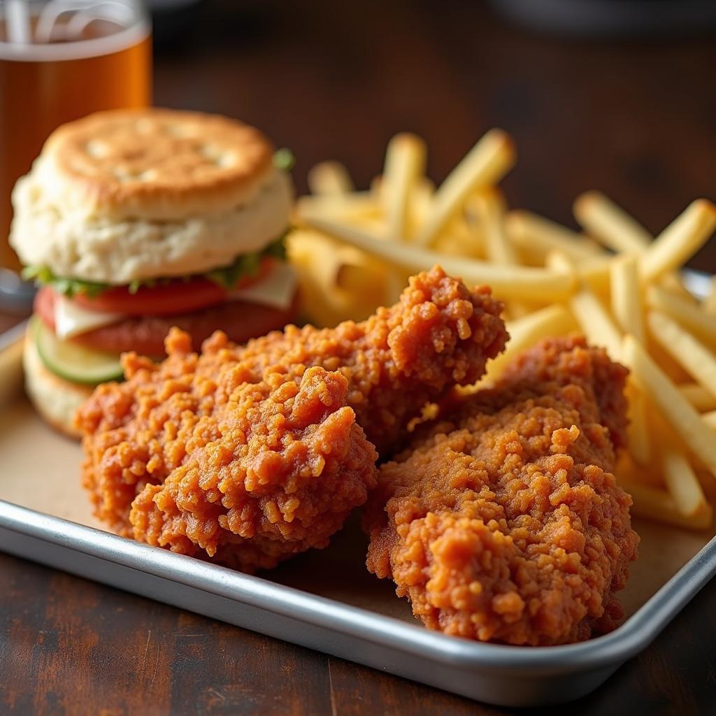 Phần ăn combo gà rán giòn cay Texas Chicken vàng ươm hấp dẫn cùng khoai tây chiên và bánh quy bơ mật ong.
