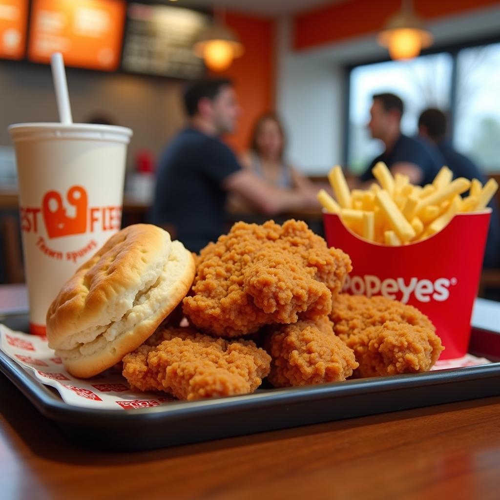 Cận cảnh combo gà rán Popeyes giòn cay hấp dẫn cùng bánh quy bơ tỏi và khoai tây chiên
