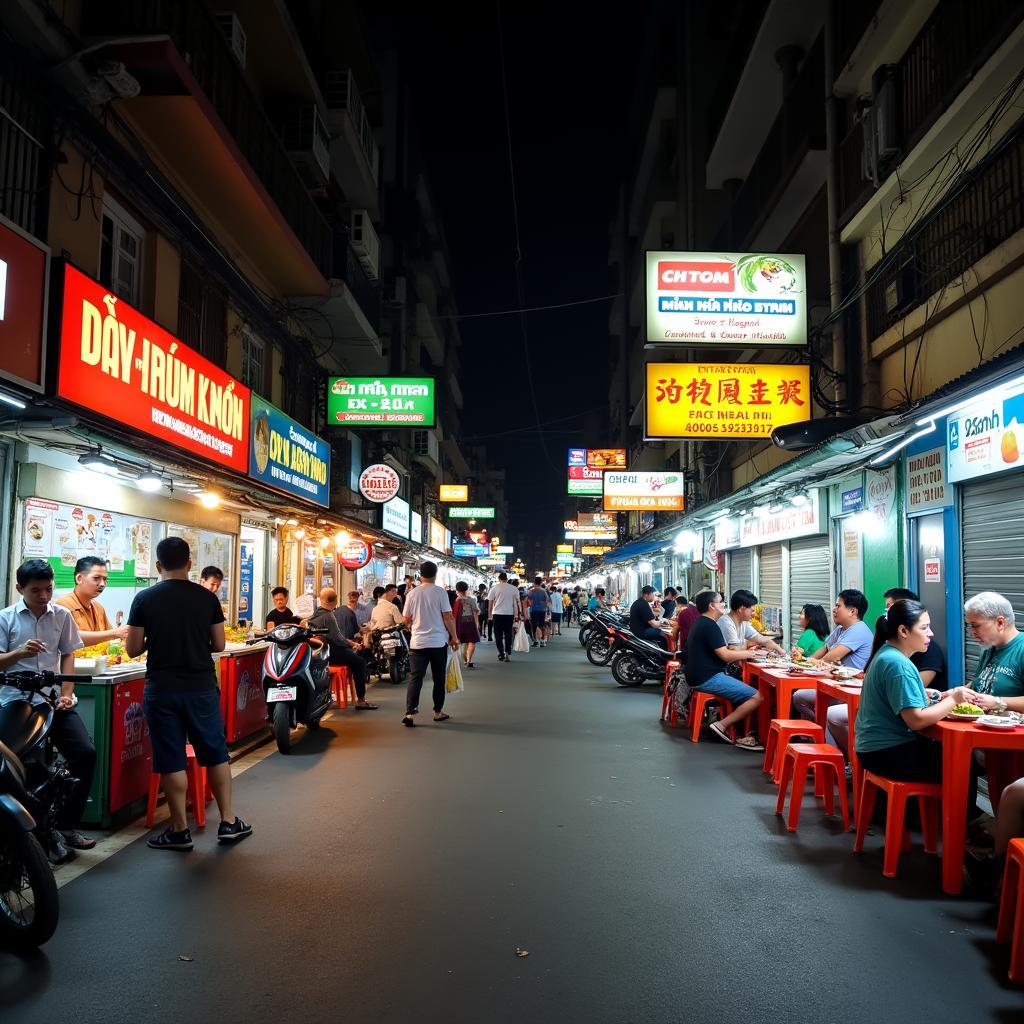 Khung cảnh con đường ẩm thực sầm uất tại Phường Tân Sơn Nhì với nhiều hàng quán và người qua lại tấp nập.