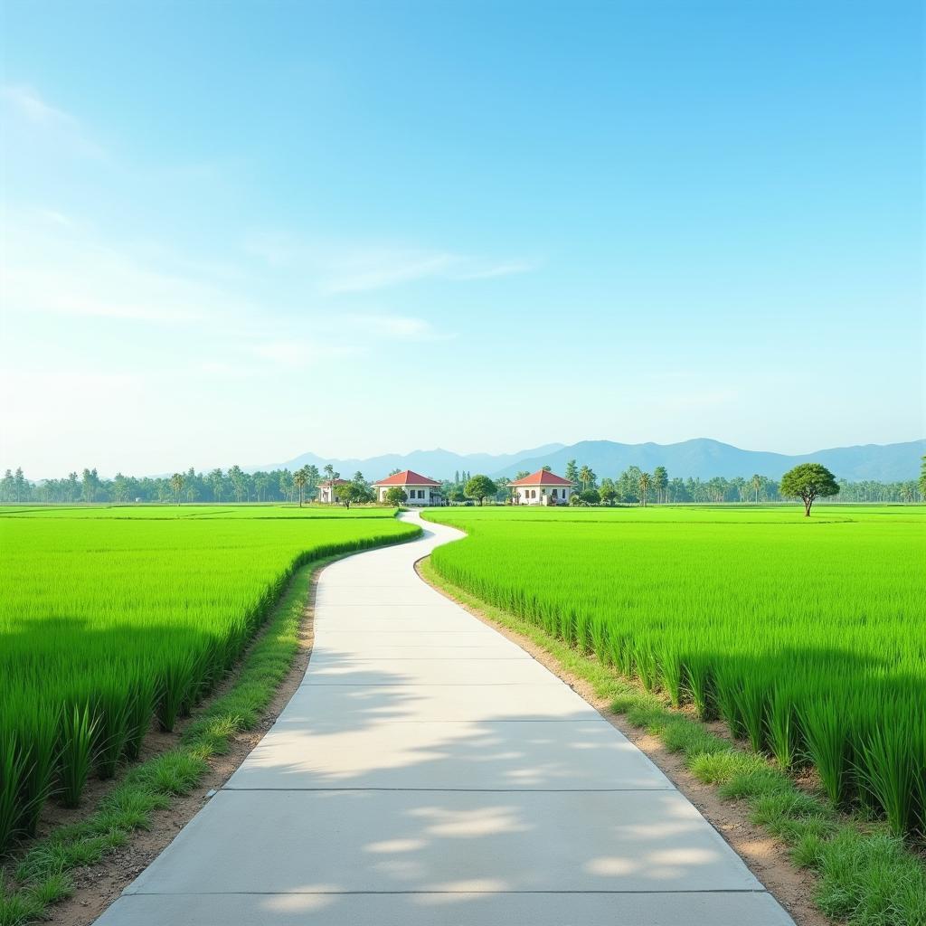 Con đường làng bê tông hóa sạch đẹp tại xã Thái Ninh, tỉnh Hưng Yên, hai bên là cánh đồng lúa xanh mướt trải dài.