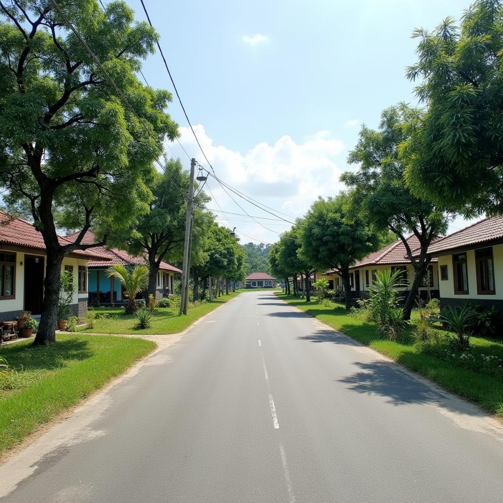 Hình ảnh con đường nhựa rộng rãi dẫn vào trung tâm Xã Hòa Hiệp, thể hiện sự phát triển cơ sở hạ tầng.