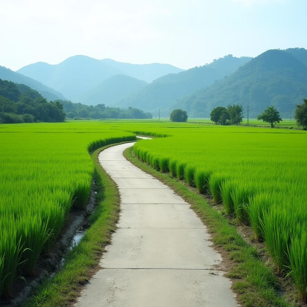 Hình ảnh con đường bê tông nhỏ uốn lượn dẫn vào xã Lạc Thủy, huyện Yên Lập, tỉnh Phú Thọ, hai bên là cánh đồng lúa xanh mướt và những ngọn đồi thoai thoải.