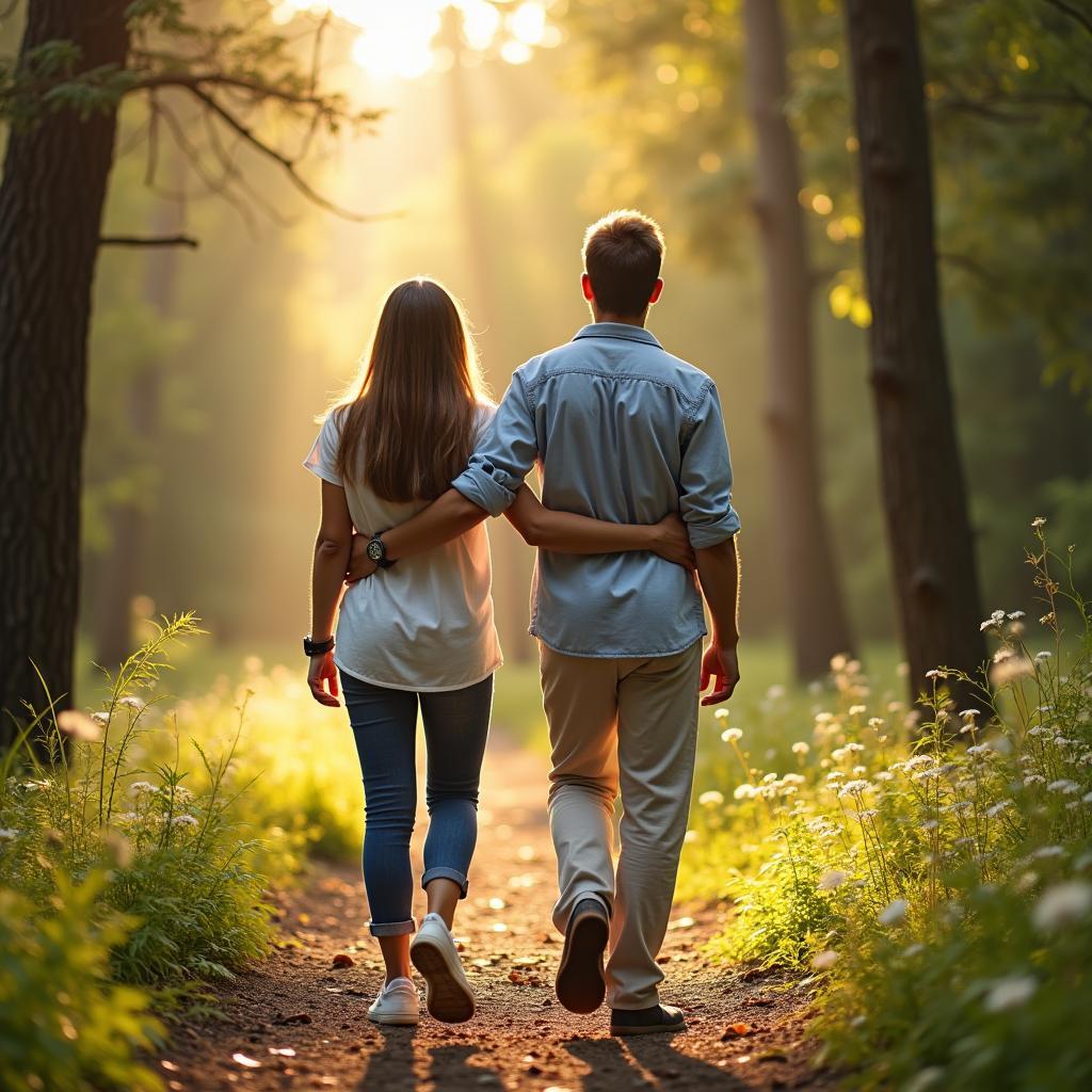 Hình ảnh hai người bạn đang đi bộ trên một con đường mòn trong rừng, tượng trưng cho hành trình hàn gắn và chữa lành trong tình bạn