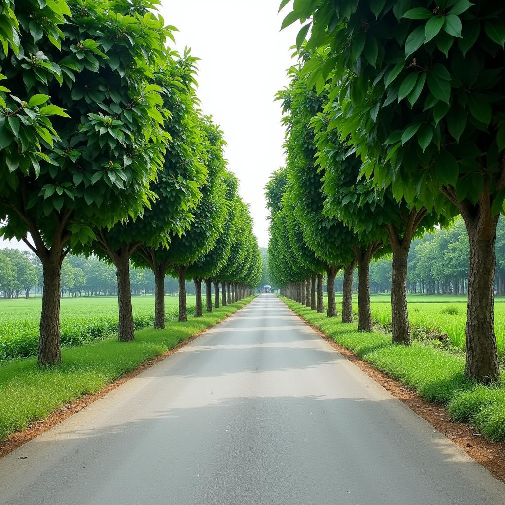Con đường làng sạch đẹp bằng bê tông ở xã Hồng Vũ, Hưng Yên với hàng cây xanh hai bên đường, thể hiện sự phát triển nông thôn mới