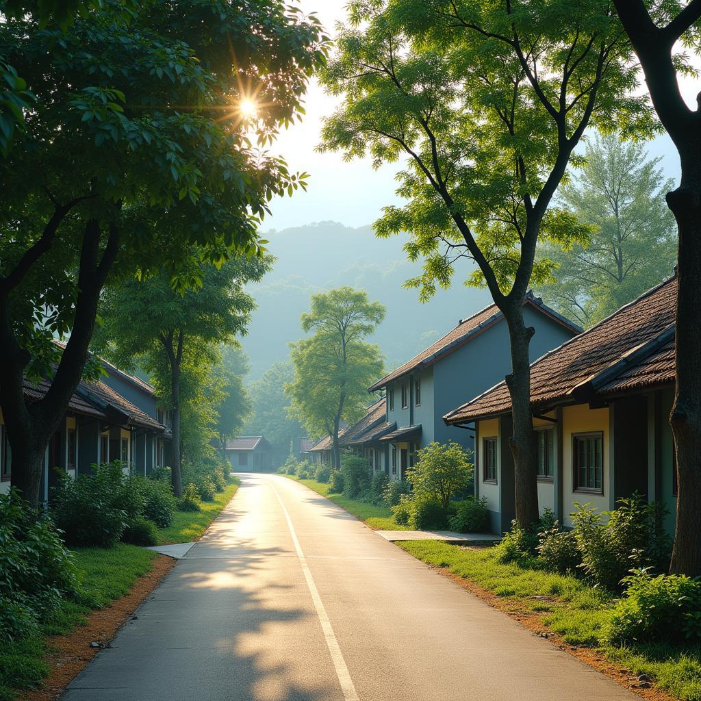 Hình ảnh con đường làng bê tông sạch sẽ, uốn lượn quanh co giữa hai hàng cây xanh mát ở xã Tiên La, tỉnh Hưng Yên.