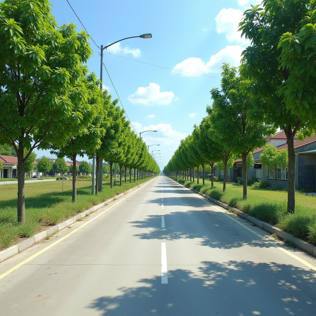 Con đường làng sạch đẹp rợp bóng cây xanh tại xã Lê Lợi tỉnh Hưng Yên, thể hiện sự phát triển nông thôn mới.