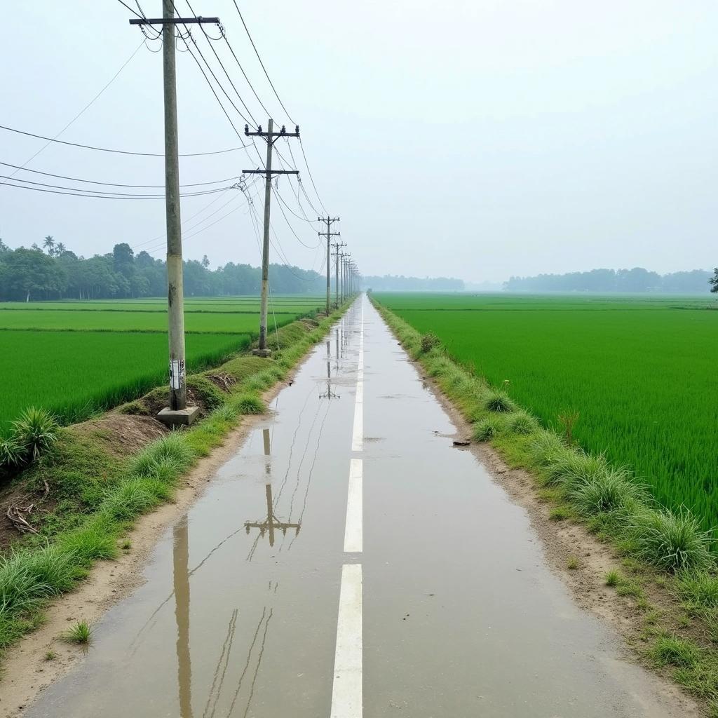 Hình ảnh con đường làng bê tông sạch sẽ dẫn vào các thôn xóm tại xã Phúc Hoà, Bắc Ninh, thể hiện sự phát triển hạ tầng