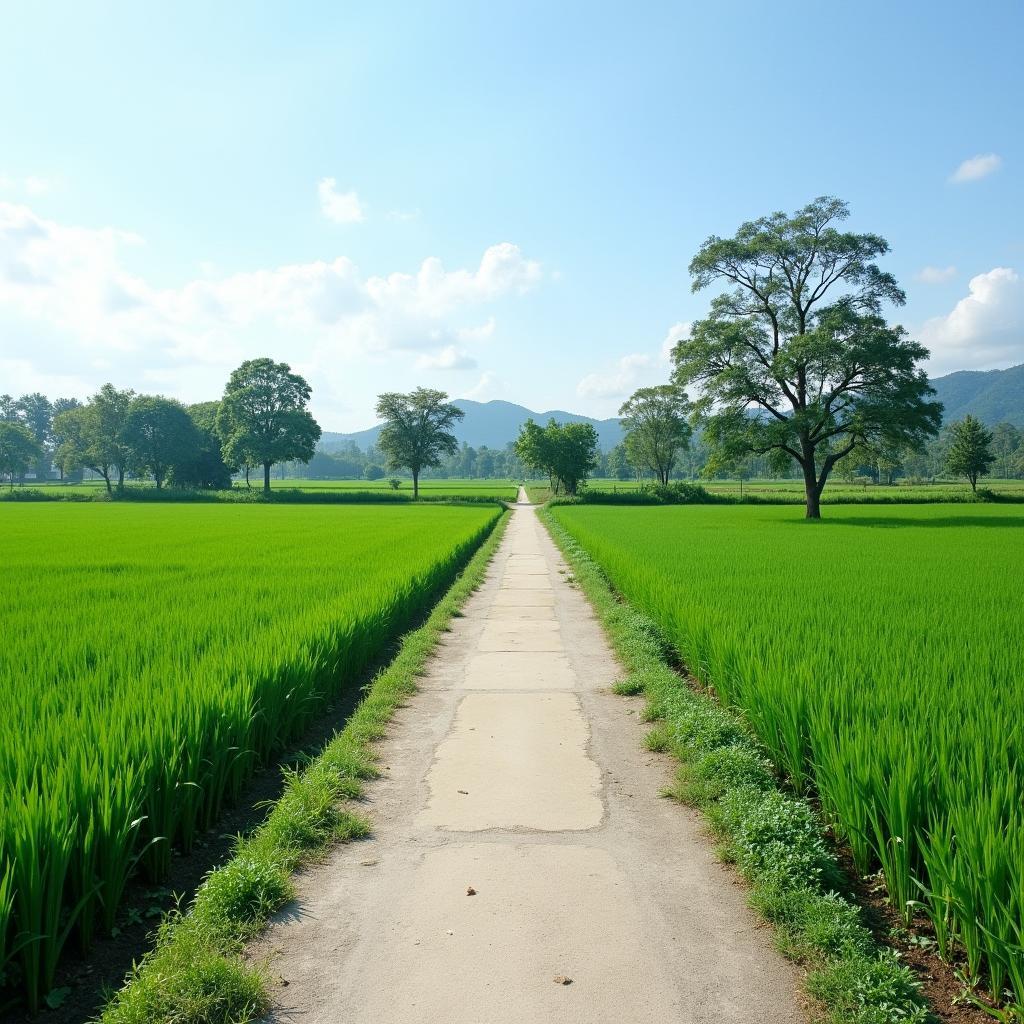 Con đường bê tông nhỏ dẫn vào làng ở xã Vĩnh Tường, tỉnh Phú Thọ, hai bên là đồng lúa xanh mướt.