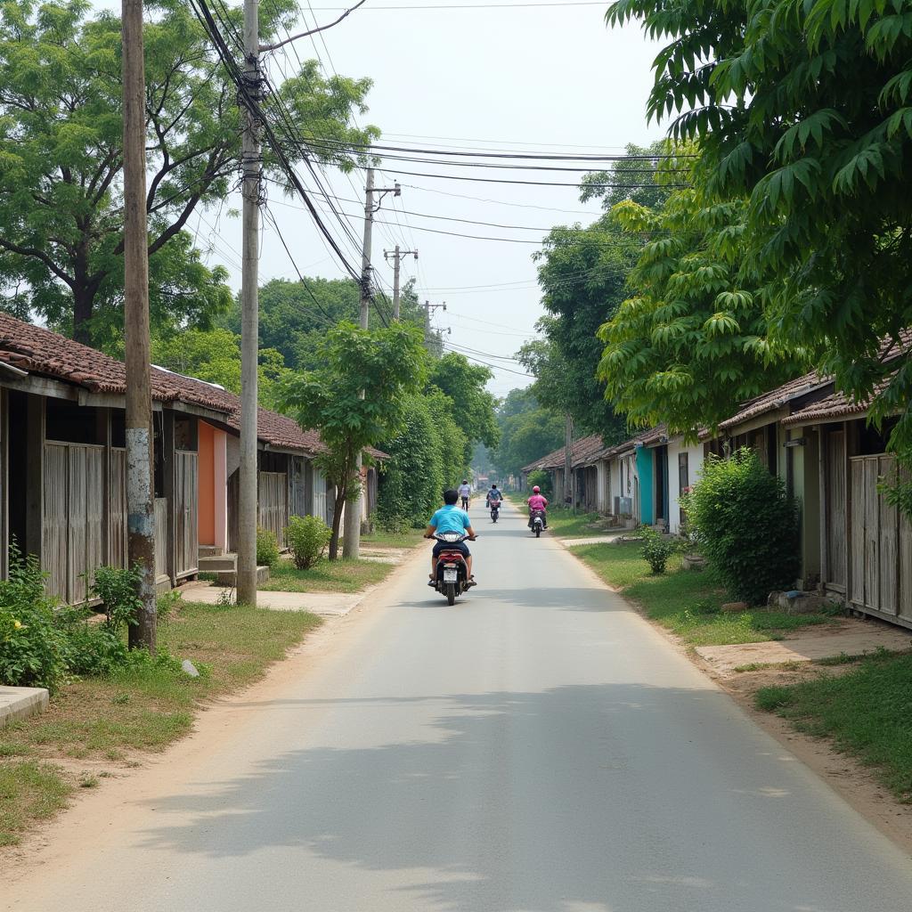 Hình ảnh con đường bê tông uốn lượn qua những ngôi nhà tại trung tâm xã Yên Phong, tỉnh Thái Nguyên
