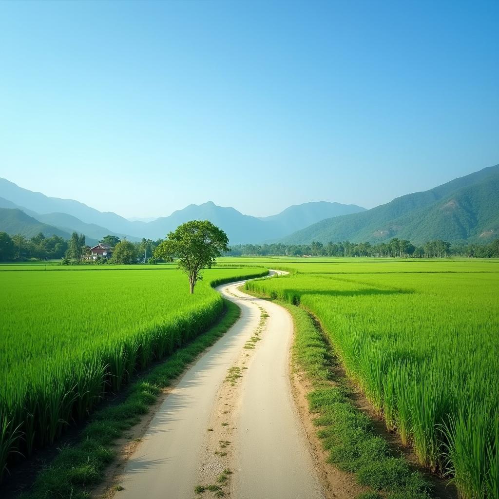 Hình ảnh con đường làng quanh co, yên bình tại xã Đà Bắc, tỉnh Phú Thọ, hai bên là ruộng lúa xanh mướt