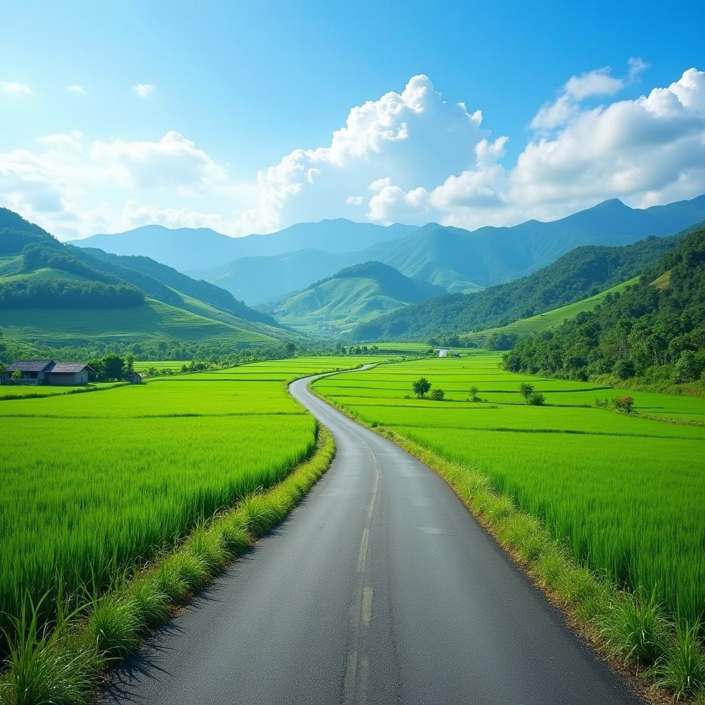 Hình ảnh con đường làng quanh co dẫn vào xã An Nghĩa, tỉnh Phú Thọ với hai bên là cánh đồng lúa xanh mướt và những ngọn đồi thoai thoải phía xa.