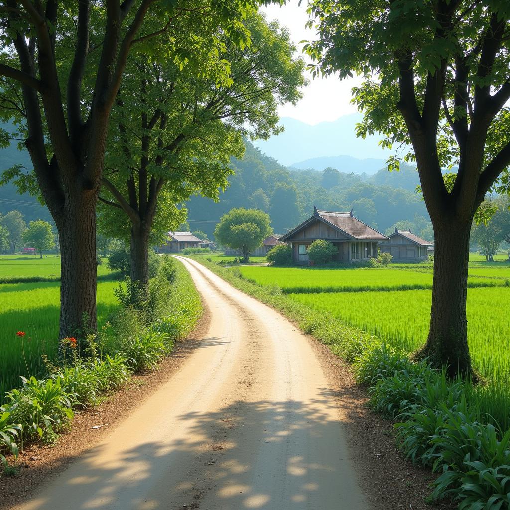 Hình ảnh con đường làng quê quanh co, hai bên là hàng cây xanh mát ở xã Nhân Nghĩa, Phú Thọ
