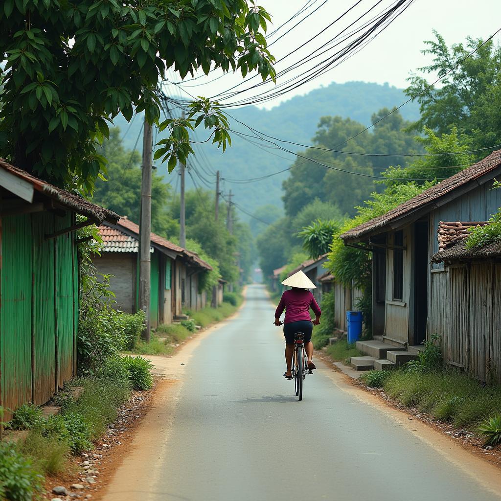 Con đường làng quê yên ả uốn lượn quanh những ngôi nhà tại Xã Đồng Phúc, Tỉnh Thái Nguyên, một hình ảnh đặc trưng của nông thôn Việt Nam