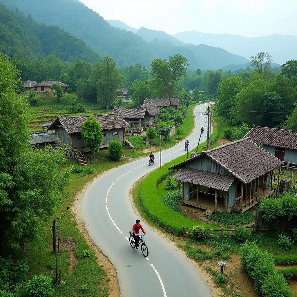 Hình ảnh con đường làng quê quanh co, yên ả tại xã Hợp Kim, tỉnh Phú Thọ, gợi cảm giác thanh bình và mộc mạc.