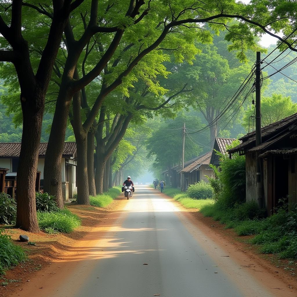 Hình ảnh con đường làng quê mộc mạc rợp bóng cây ở Nam Đông Hưng, Hưng Yên