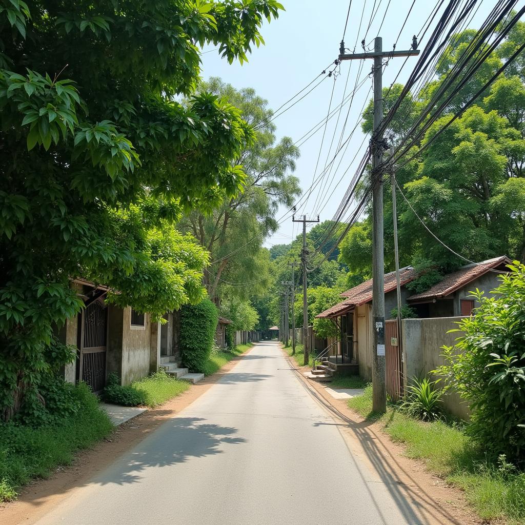 Hinh anh con duong be tong nho dan vao mot xom nho o xa Bac Tan Uyen, hai ben la cay coi xanh mat, Binh Duong