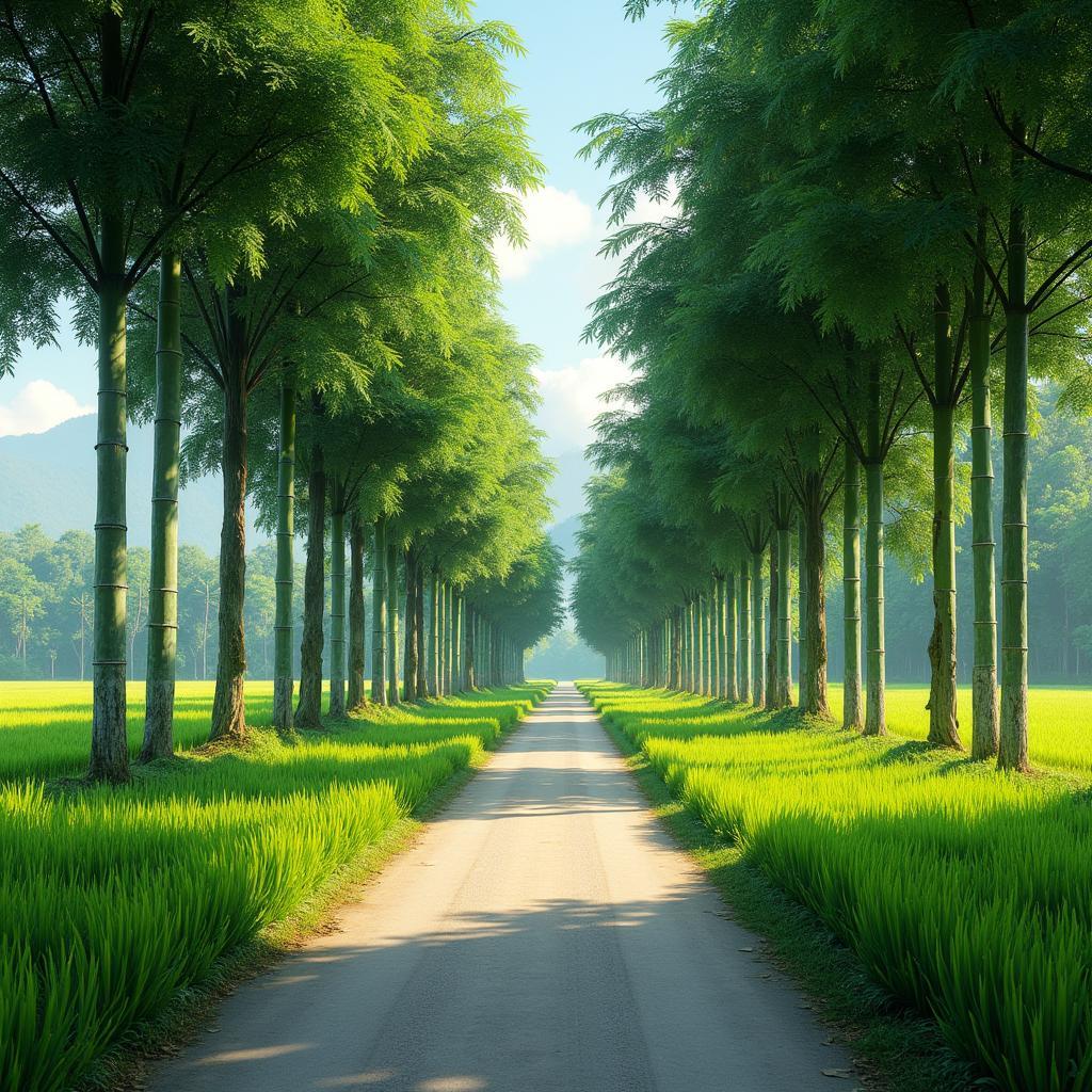 Con đường bê tông nhỏ dẫn vào làng quê Xã Tam Hồng, hai bên là cánh đồng lúa xanh mướt và rặng tre.
