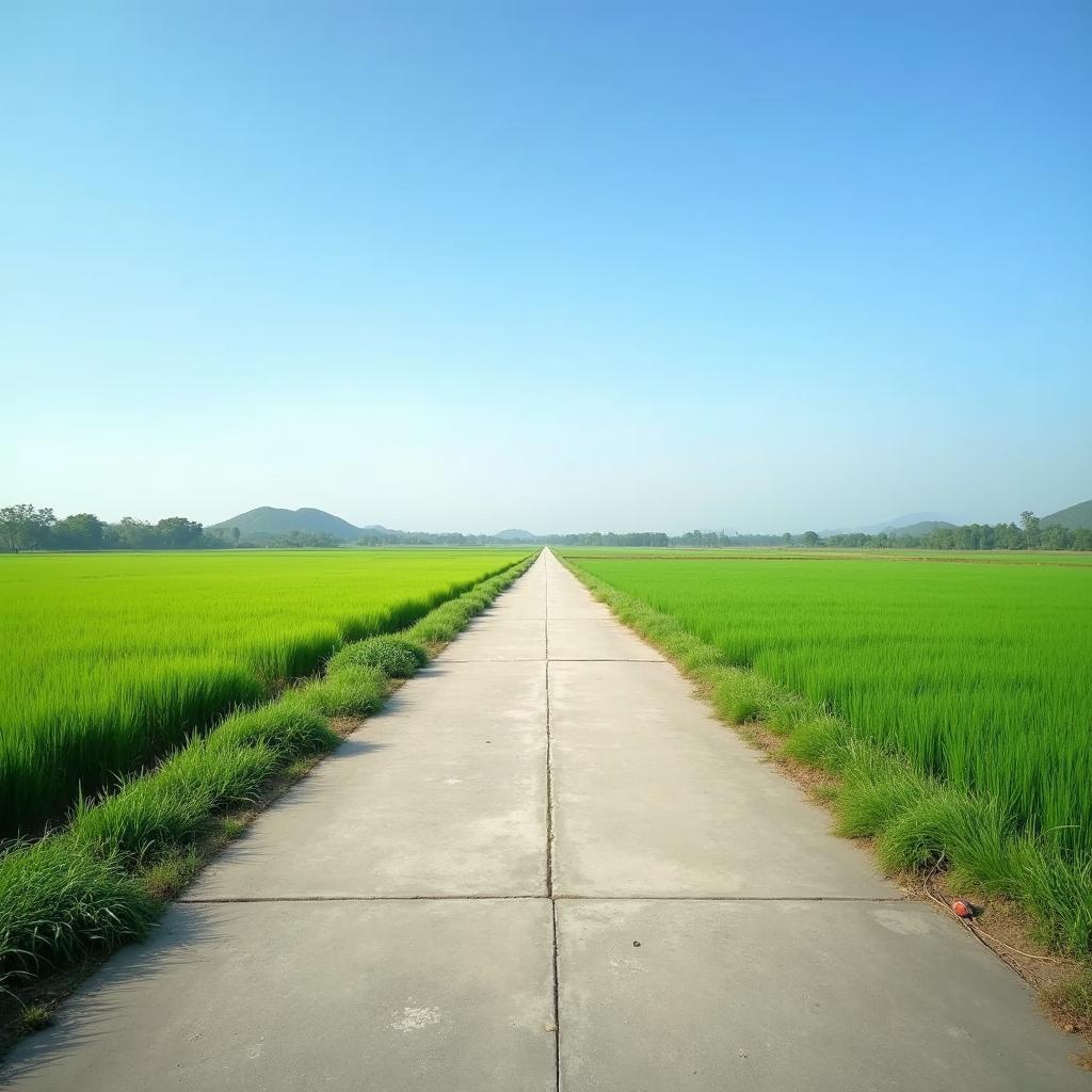 Hình ảnh con đường làng bê tông sạch sẽ tại xã Ngọc Thiện, Gia Bình, Bắc Ninh, hai bên là những cánh đồng lúa xanh mướt trải dài