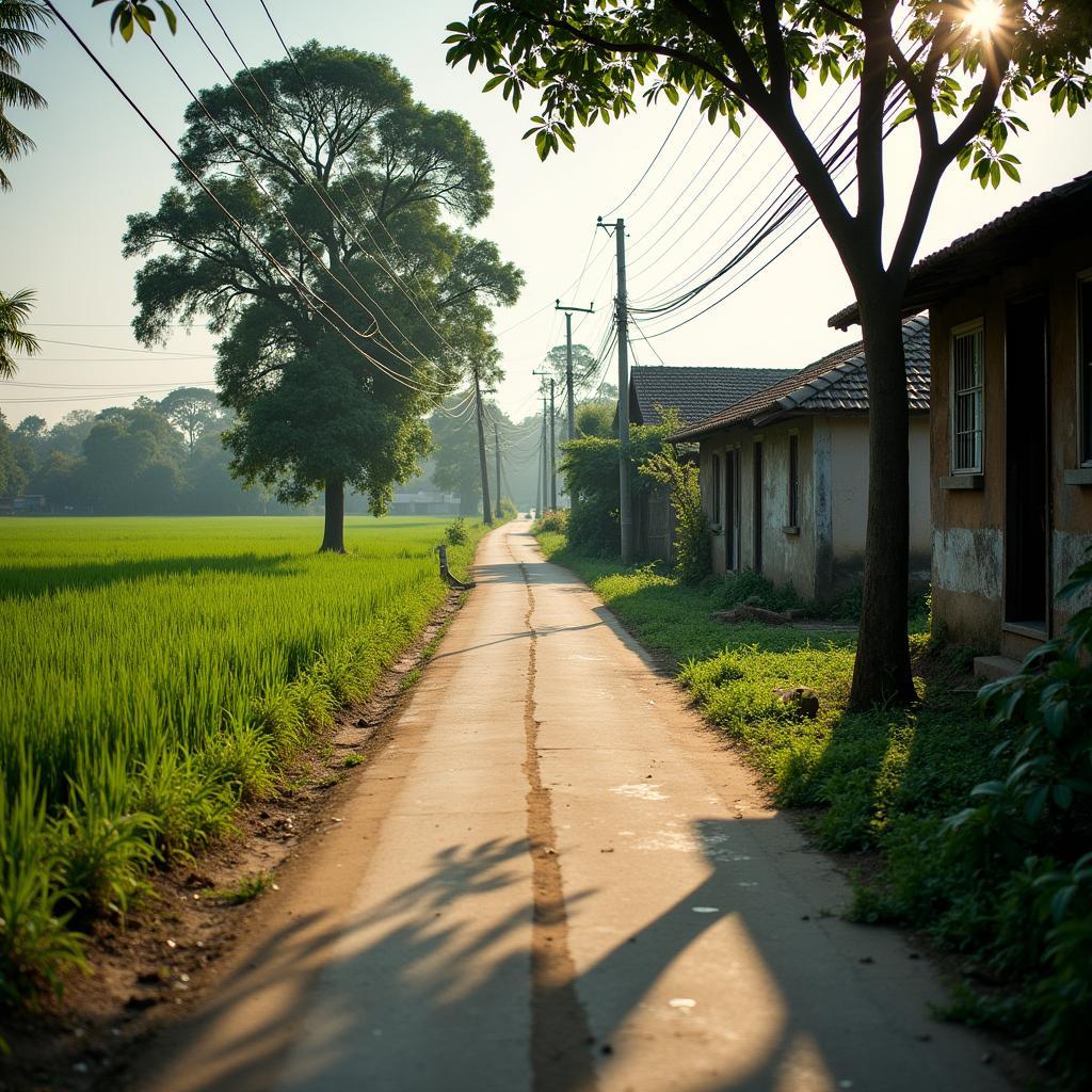 Khung cảnh con đường làng nhỏ yên ả tại Đức Nhàn, Phú Thọ, len lỏi giữa cánh đồng lúa và nhà dân mộc mạc.