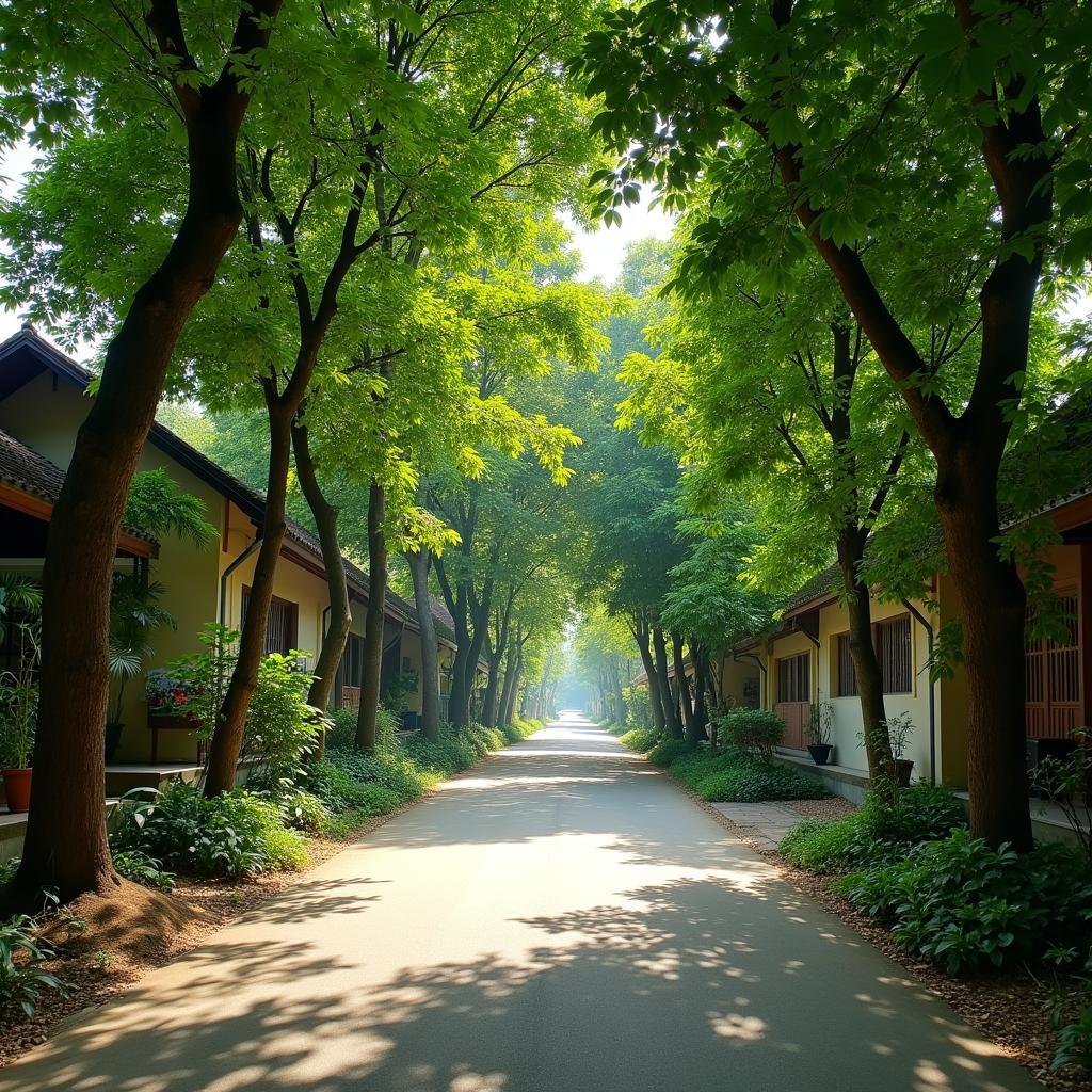 Hình ảnh con đường làng bê tông nhỏ uốn lượn giữa hai hàng cây xanh mát tại xã Thọ Văn, tỉnh Phú Thọ