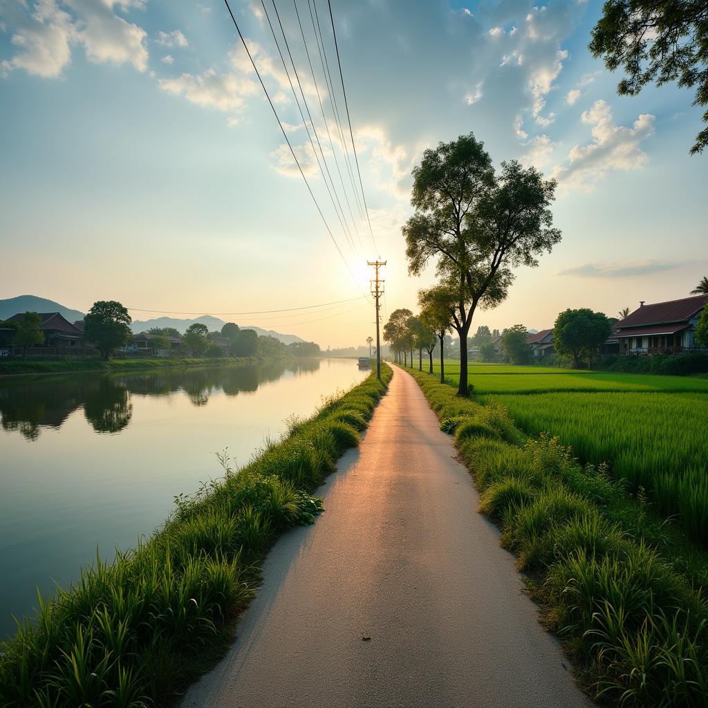 Khung cảnh con đường làng yên bình ven dòng sông Lô thơ mộng tại xã Yên Trị, huyện Đoan Hùng