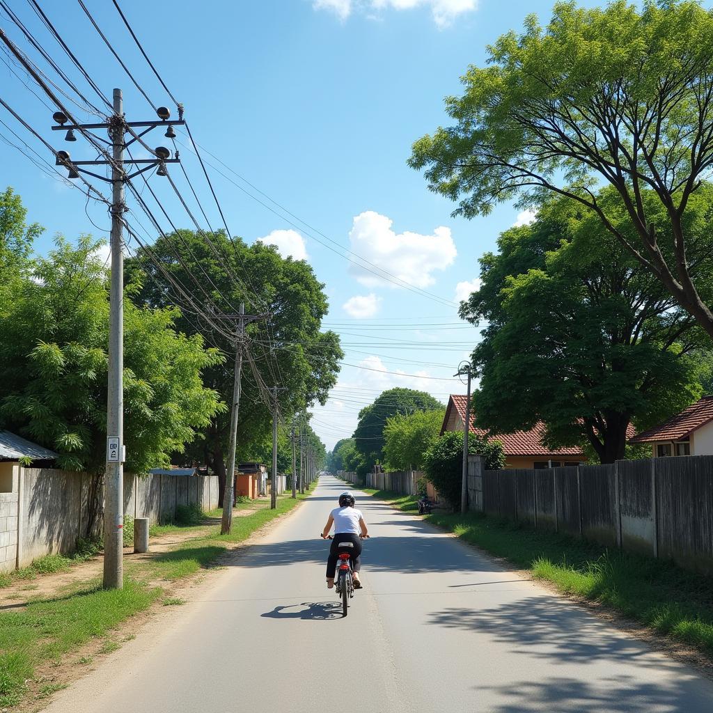 Hình ảnh con đường làng quê thanh bình tại xã Hồng Quang, huyện Ân Thi, tỉnh Hưng Yên với hàng cây xanh hai bên