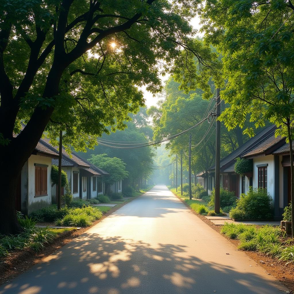 Một con đường làng quê yên bình ở phường Phúc Thuận, Thái Nguyên với hai hàng cây xanh mát và những ngôi nhà thấp thoáng