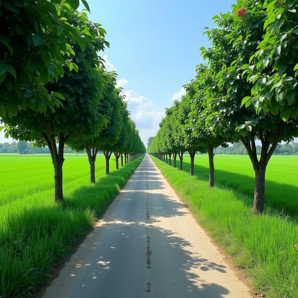 Con đường làng quê yên bình tại Thư Trì, tỉnh Hưng Yên với hai hàng cây xanh mát và những cánh đồng lúa trải dài hai bên đường.