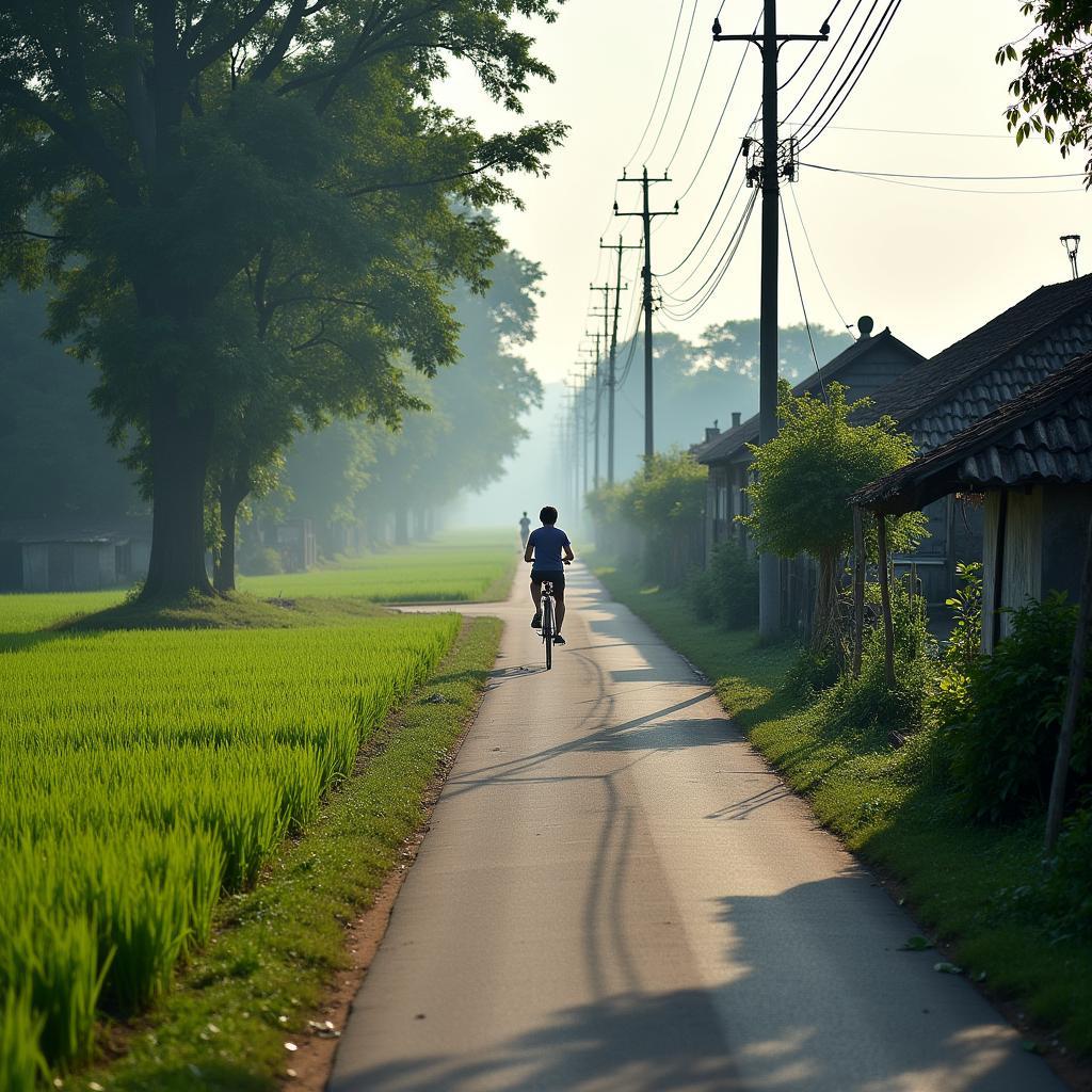 Hình ảnh một con đường làng quê yên bình và rợp bóng cây xanh tại Xã Nhuận Đức, huyện Củ Chi