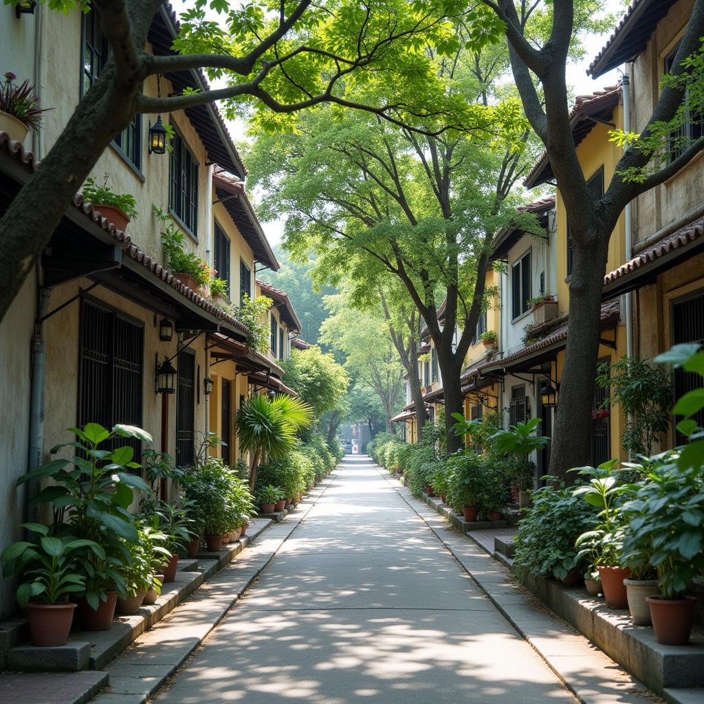 Một con hẻm nhỏ yên tĩnh với cây xanh và nhà cửa khang trang tại Phường Vườn Lài, thể hiện không gian sống thanh bình
