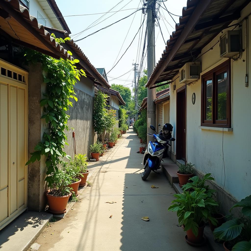Hình ảnh con hẻm nhỏ yên bình tại Ấp Tiền Lân, xã Bà Điểm, Hóc Môn với nhà cửa san sát và mảng xanh.