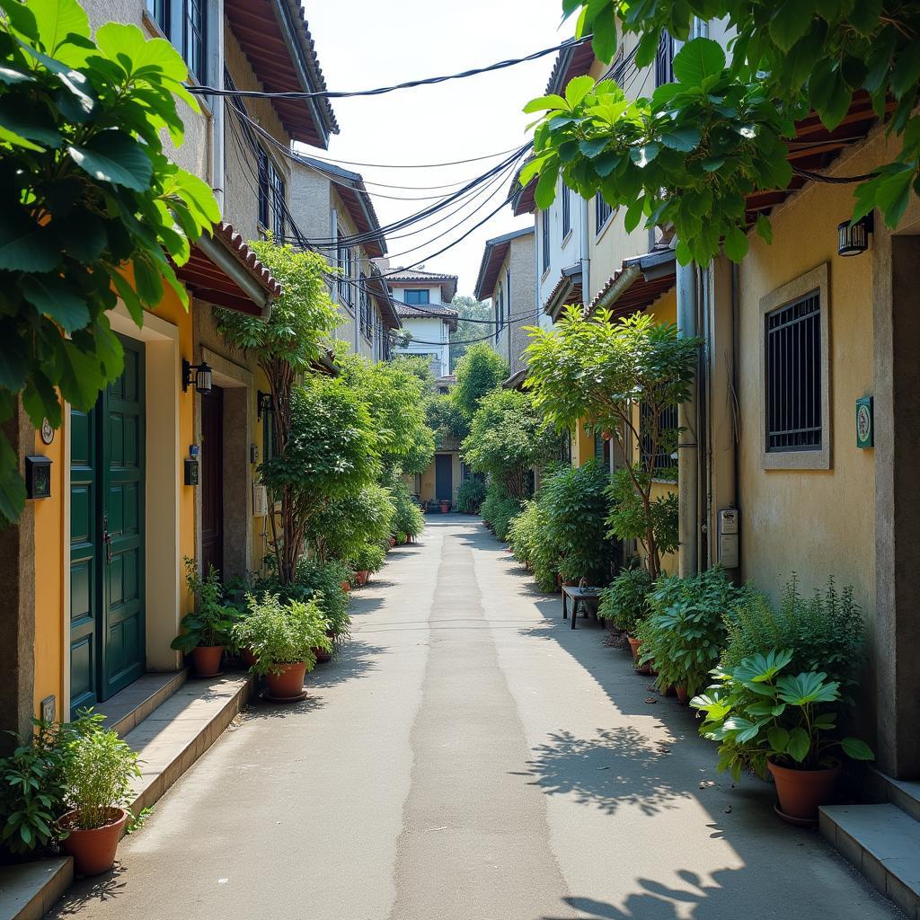 Một con hẻm nhỏ, sạch sẽ và yên tĩnh tại Phường An Hội Đông với những ngôi nhà san sát và cây xanh ven đường