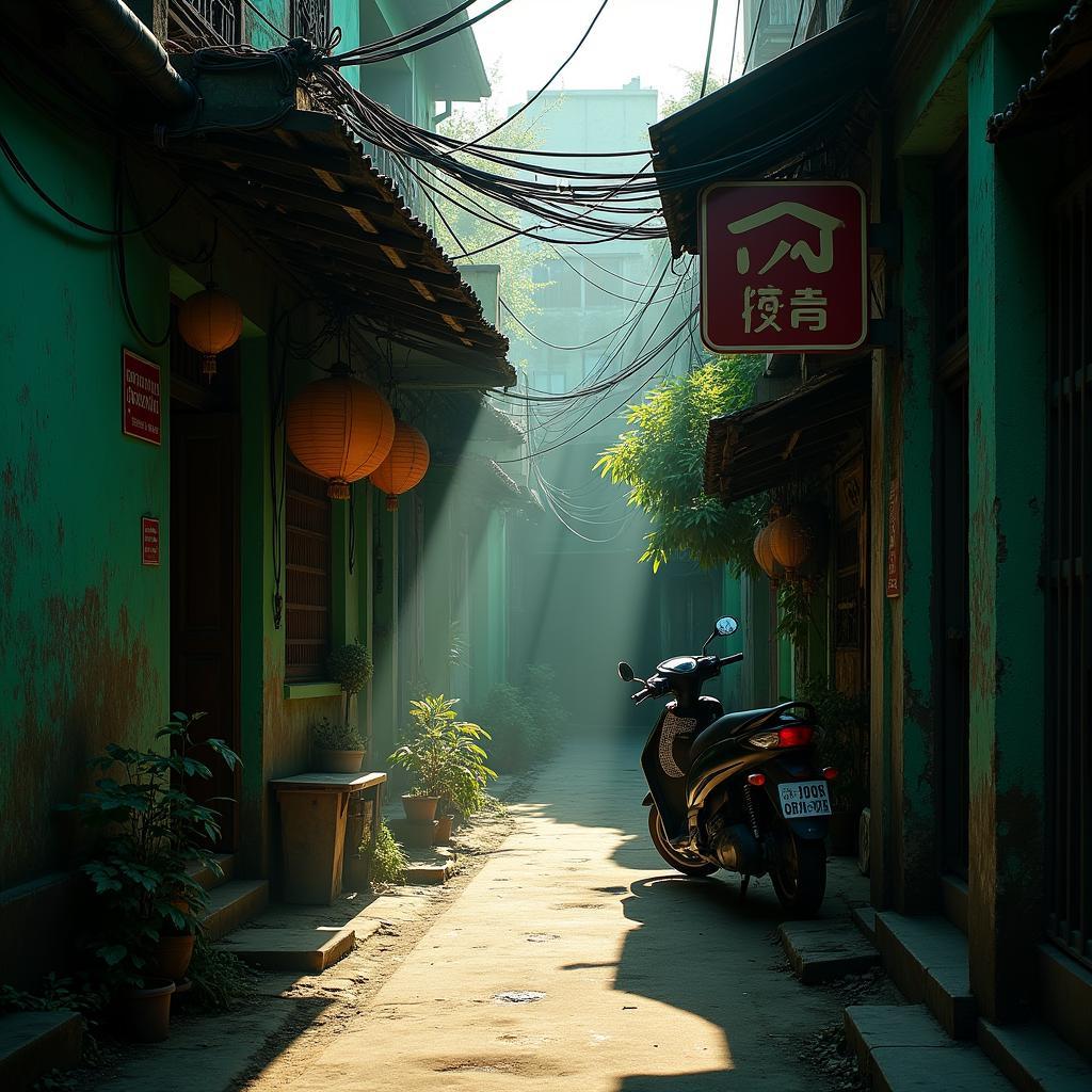 Hình ảnh con ngõ An Trạch 1 quận Đống Đa Hà Nội với nét đẹp cổ kính, rêu phong và hiện đại đan xen.