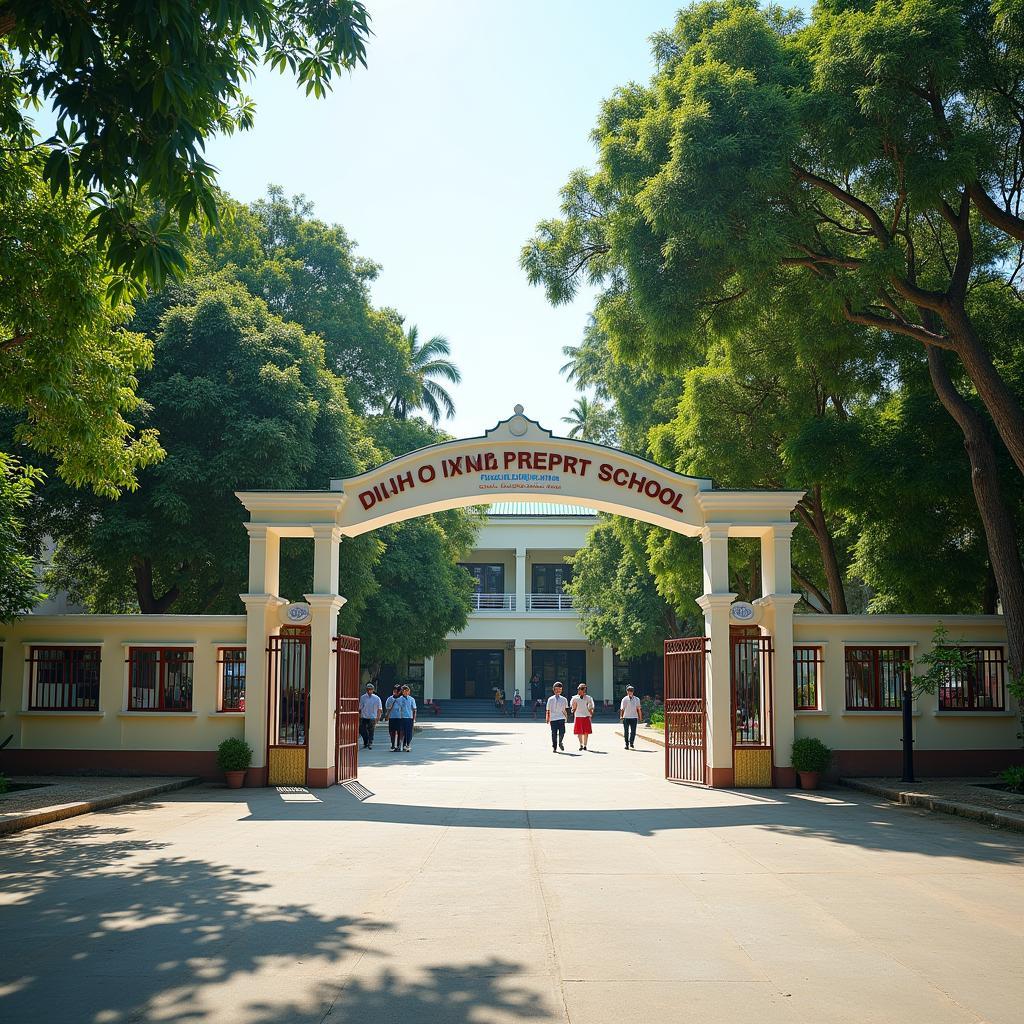 Cổng chính Trường TH Đinh Tiên Hoàng, X. Đá Bạc, H. Châu Đức, T. Bà Rịa-Vũng Tàu với không gian xanh mát và biển hiệu rõ ràng