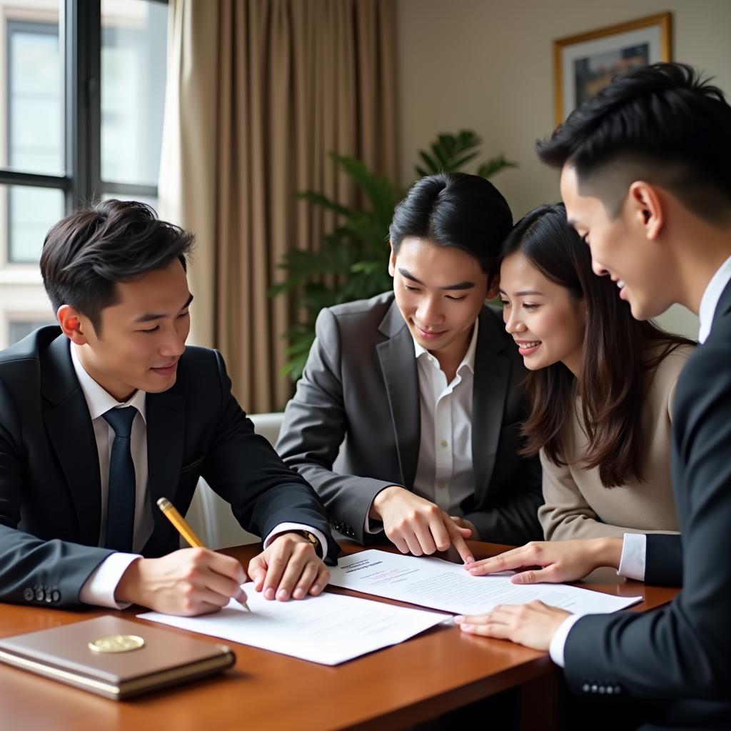 Công chứng viên tại Văn phòng Tạ Hiện đang kiểm tra và tư vấn hợp đồng mua bán nhà đất cho khách hàng.