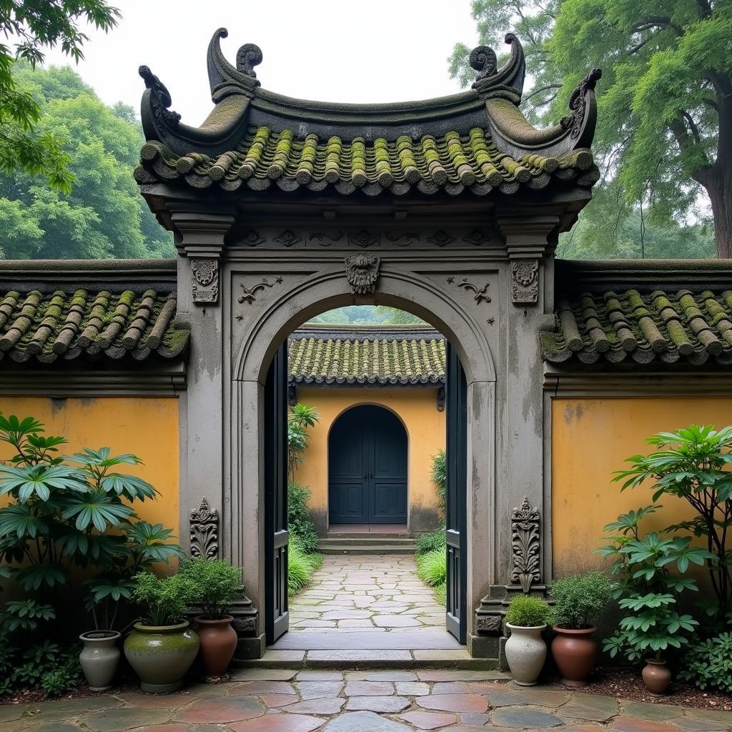 Cổng một ngôi đình làng cổ kính ở xã Việt Yên, tỉnh Hưng Yên với kiến trúc truyền thống, mái ngói rêu phong và các họa tiết chạm khắc tinh xảo.