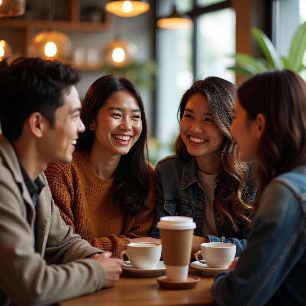 Một nhóm bạn trẻ LGBTQ+ Việt Nam đang ngồi quây quần bên nhau trong một quán cà phê, tươi cười rạng rỡ và trò chuyện thân mật
