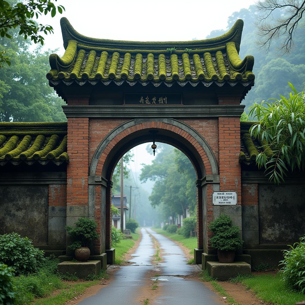 Hình ảnh cổng làng rêu phong cổ kính, biểu tượng cho nét đẹp văn hóa và lịch sử tại Châu Ninh, Hưng Yên.