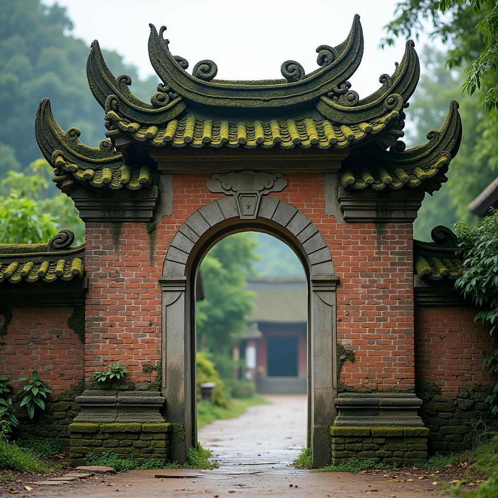 Cận cảnh cổng làng cổ kính rêu phong tại xã Quang Trung, Bắc Ninh, thể hiện nét đẹp văn hóa truyền thống.