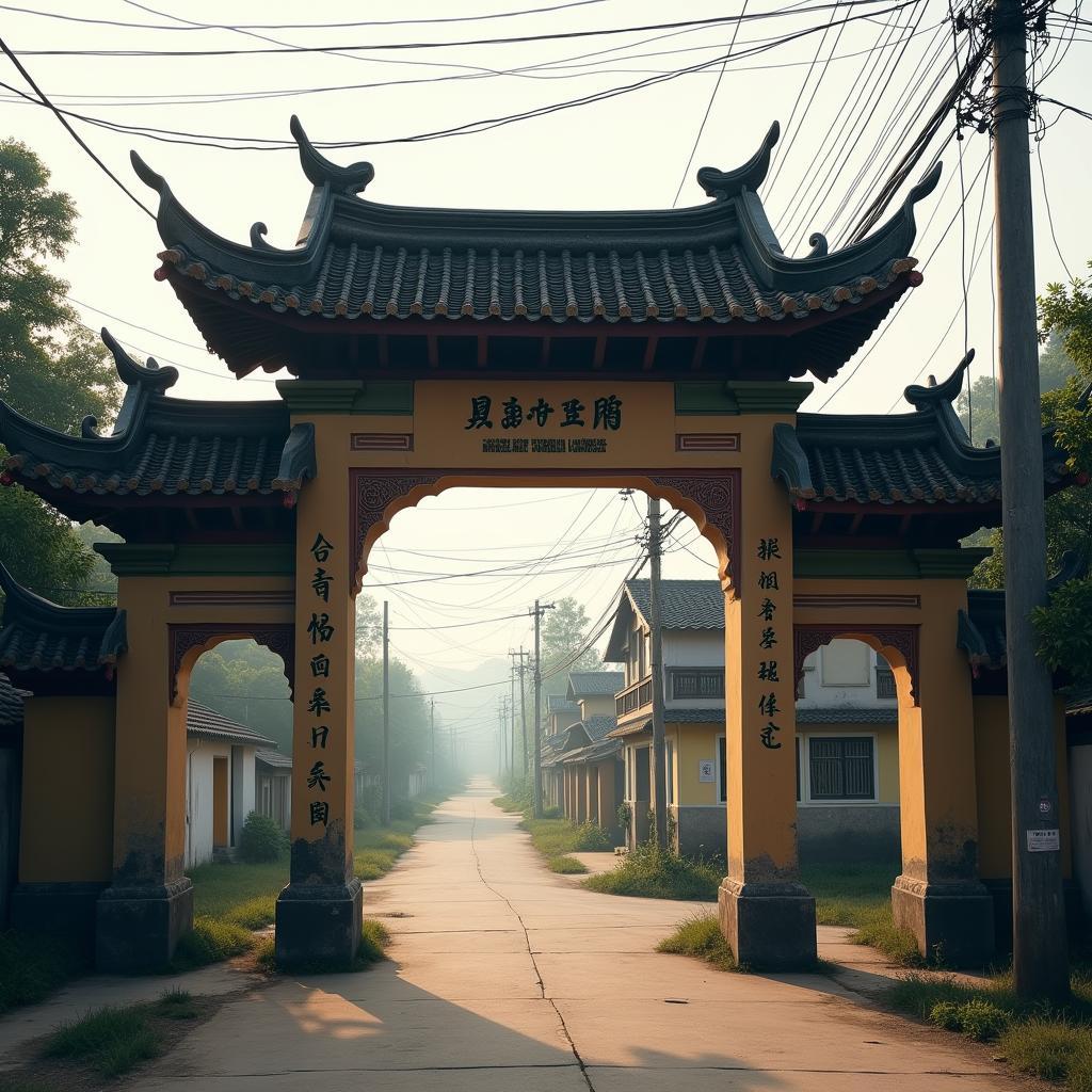 Cổng làng cổ kính tại xã Nghĩa Trụ, tỉnh Hưng Yên, thể hiện nét đẹp văn hóa truyền thống xen lẫn hiện đại