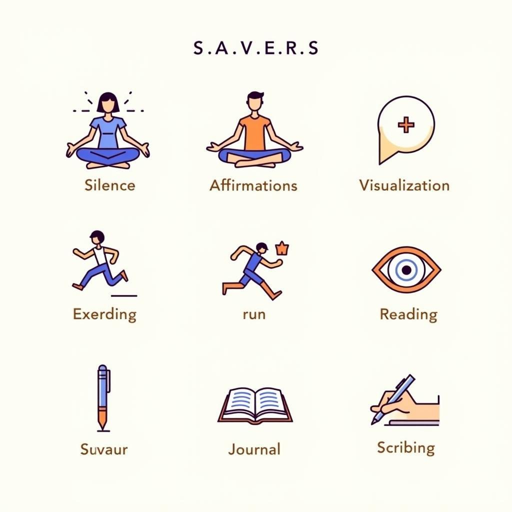 Minh họa công thức S.A.V.E.R.S trong sách Buổi Sáng Diệu Kỳ gồm 6 thói quen buổi sáng